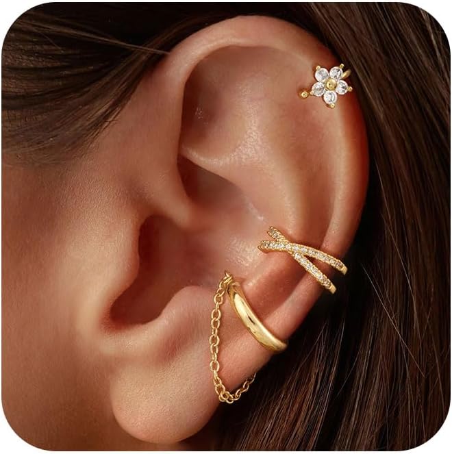 3Pcs Ear Cuffs Non Piercing for Women - Trendy 14K Gold Plated Cuffs Earrings with Cubic Zirconia - Dainty Clip On Cartilage Earring Jewelry