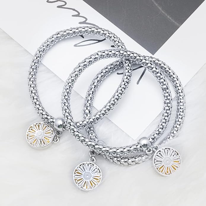 Crystal Charms Multilayer Bracelets - 3PCS Gold/Silver/Rose Gold Corn Chain Bracelet for Women, Tree of Life Heart Shaped Stretch Bracelet