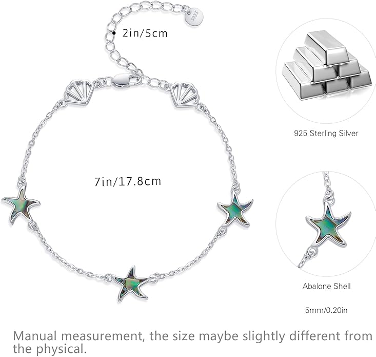 Cuoka Abalone Starfish Bracelet for Women S925 Silver Plated Adjustable Shell Sea Beach Ocean Bracelet Summer Beach Jewelry