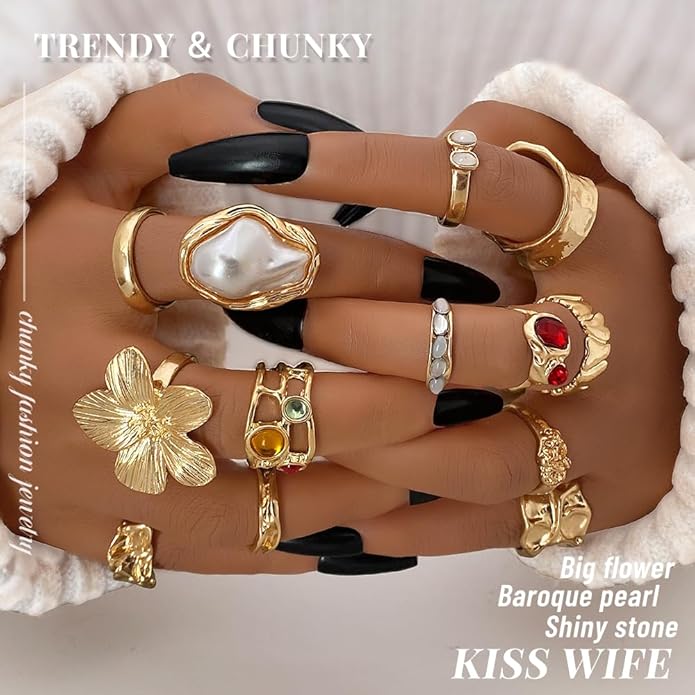 KISS WIFE Goldenen Silvery Black Kunckle Rings Set for Women, Dainty Simple Trendy Cute Stackable Finger Rings Pack, Perfect for Stacking Layering on Thumb and Knuckle, Mixed Size, Jewelry Gift