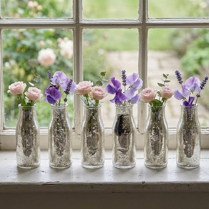 Hosley Set of 6 Silver Glass Bottle, 5.5" High. Ideal Gift - Image 3
