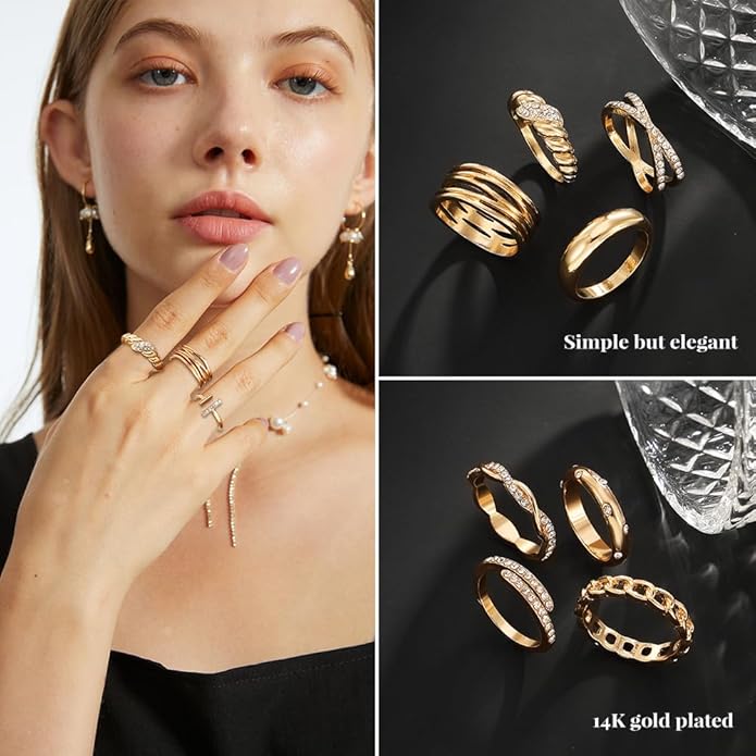 KISS WIFE Goldenen Silvery Black Kunckle Rings Set for Women, Dainty Simple Trendy Cute Stackable Finger Rings Pack, Perfect for Stacking Layering on Thumb and Knuckle, Mixed Size, Jewelry Gift