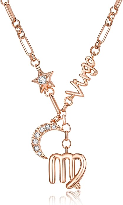 14K Gold/Rose Gold Zodiac Necklace for Women - Horoscope Constellation Pendant with Moon and Star, Luxury Birthday Gifts Jewelry for Her (12 Zodiac Signs)