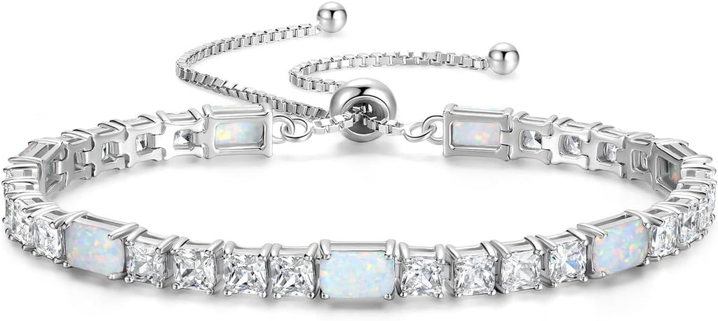 FANCIME Birthstone Bracelet for Women, Sterling Silver 4x6mm Gemstone Tennis Bracelet Bolo Adjustable Chain Fine Jewelry Birthday Gifts for Women Mom Wife Her
