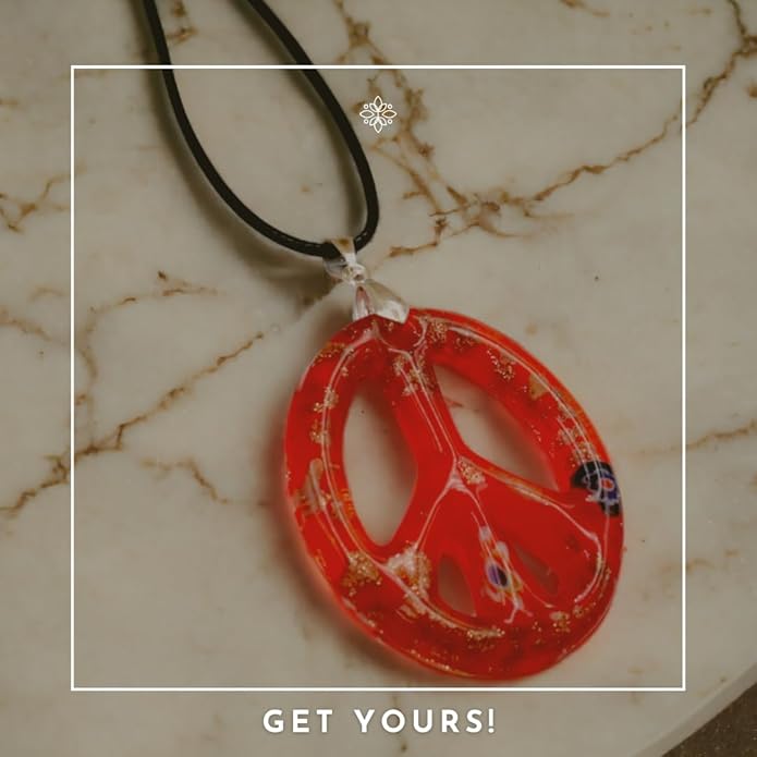 BESHEEK Murano Inspired Peace Sign Blown Glass Lampwork Art Pendant Necklace for Women Handcrafted Artisan Hypoallergenic Italian Style Jewelry