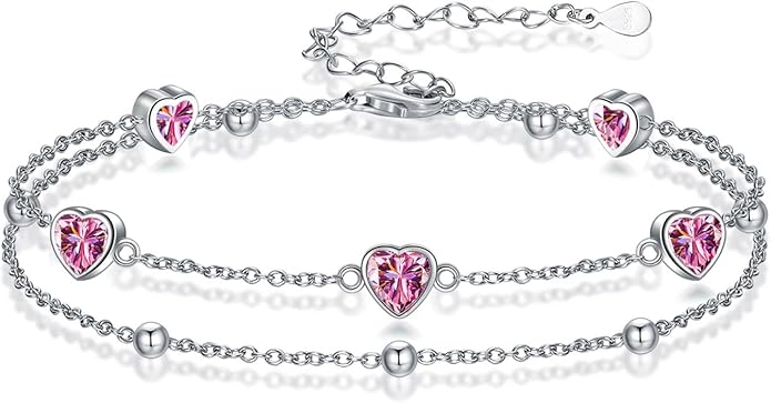 Birthstone Anklet/Bracelets for Women 925 Sterling Silver Charm Link Double Strand Heart Birthstone Jewelry Gift for Wife Women Mother's Day Gift
