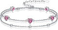 Birthstone Anklet/Bracelets for Women 925 Sterling Silver Charm Link Double Strand Heart Birthstone Jewelry Gift for Wife Women Mother's Day Gift