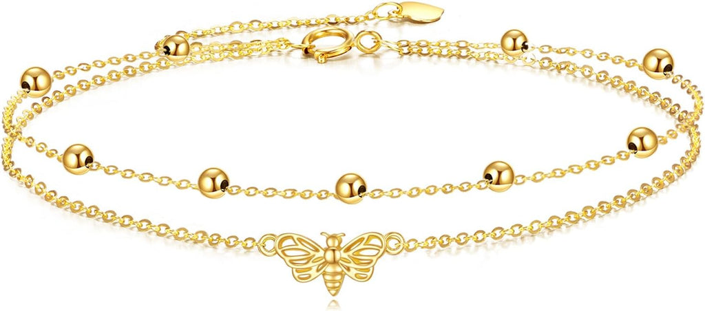 KECHO 14k Yellow Gold Butterfly/Dragonfly/Frog/Sunflower/Daisy/Tree of life/Moon/Clover Bracelet Anklet for Women