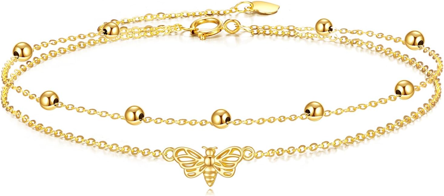 KECHO 14k Yellow Gold Butterfly/Dragonfly/Frog/Sunflower/Daisy/Tree of life/Moon/Clover Bracelet Anklet for Women