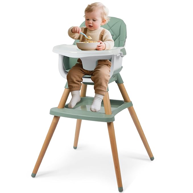 Kinder King 7 in 1 Baby High Chair for Babies and Toddlers with Large Storage Footrest, Booster Seat, Convertible Wooden High Chair with 3-Depth Double Dishwasher Safe Tray, 5 Point Harness, Green