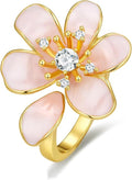 Gold Rose Pink Enamel Floral CZ FULLY ADJUSTABLE Statement Open Ring for Women by SNGIA, Daisy Orchid Flower Leaf Summer Beach Handmade Unique Pinky Band, Chunky Sunflower Stackable Cute Cuff Cocktail Ring Birthday Gift, Natural Bold Exaggerated Irregu...
