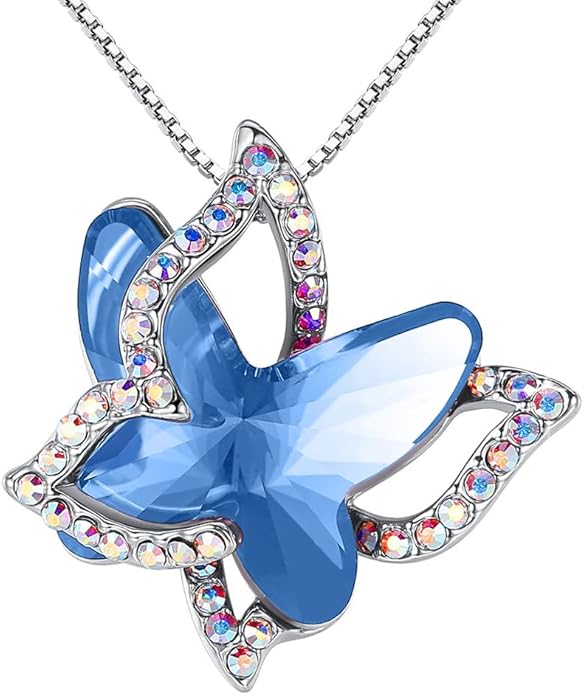 Valentine's Day Gift Butterfly Birthstone Crystal Necklace, Silver Tone with 18”+2” Chain, Necklace for Mother’s Day Anniversary Birthday Gifts for Women and Daughter
