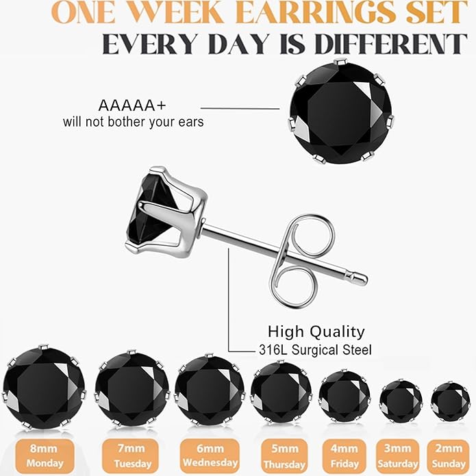 Silver Gold Black Stud Earrings Set 7Pairs Hypoallergenic Cubic Zirconia Titanium Stainless Steel Silver Rose Gold Black CZ Cartilage Stud Earrings Jewelry Sets for Women Men, 2-8mm CZ Stud Earrings