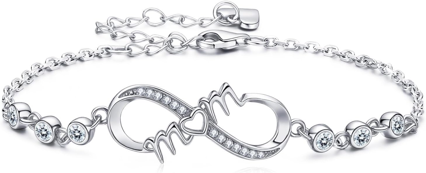 EleShow Moissanite Infinity Bracelet for Mom, 925 Sterling Silver Bracelet for Women, Hypoallergenic Jewelry Gift for Mom from Daughter, Son for Birthday, Valentine's Day