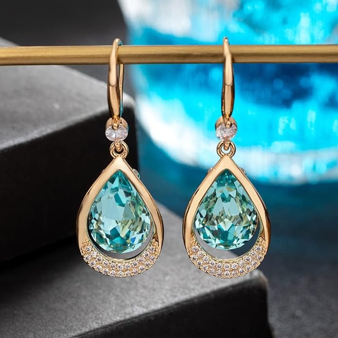 Austrian Crystal Halo Teardrop Hollow Drop Dangle Earrings for Women 14K Rose Gold Plated Hypoallergenic Jewelry Gifts