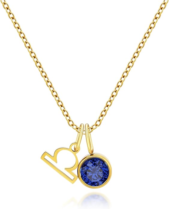 MISS RIGHT Initial Birthstone Necklace for Women - Personalized Gifts Birthday Gifts for Women Stainless Steel 18K Gold Plated Dainty Gold Zodiac Sign 12 Constellation Horoscope Necklace Jewelry