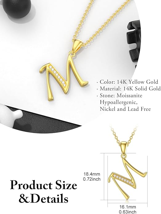 14k Gold Initial Necklace for Women, Solid Gold Moissanite Letter Pendant Necklaces Jewelry for Her Birthday Valentines Day Gifts for Mom Wife Christmas Gifts for Girlfriend Sister