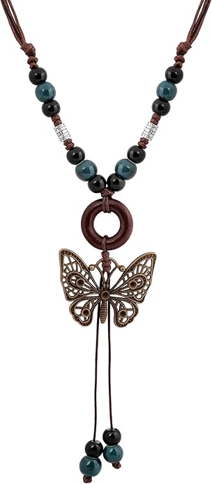 MINACHI Hippie Boho Colorful Ceramic Bead Butterfly Charm Pendant Y Necklace, Vintage Bohemian Statement Jewelry Gift for Women