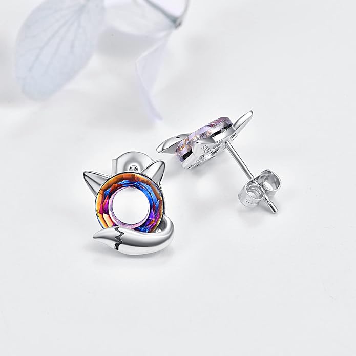 KINGWHYTE Fox Earrings 925 Sterling Silver Animals Earrings Cute Crystal Fox Stud Earrings Hypoallergenic Earrings Birthday Christmas Jewelry Gifts for Women