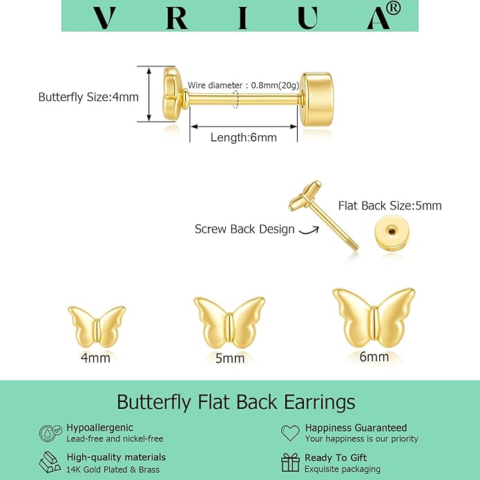 VRIUA 20G Tiny Flat Back Earrings for Women - 14K Gold/Silver Plated Small Flat Back Stud Earrings Hypoallergenic Cartilage Helix Piercing Jewelry