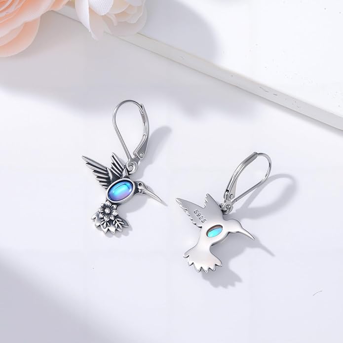 Hummingbird with Moonstone Dangle Earrings 925 Sterling Silver Hummingbird Leverback Earrings for Women