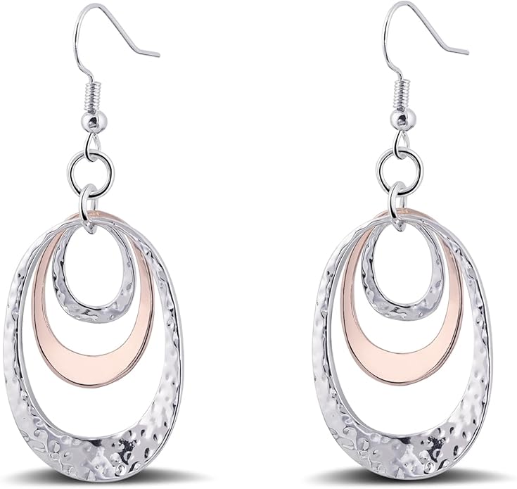 Boho Three Oval Drop Dangle Earrings Silver Earrings for Women Trendy Two Tone Bohemian Jewelry for Thanksgiving and Christmas Gifts