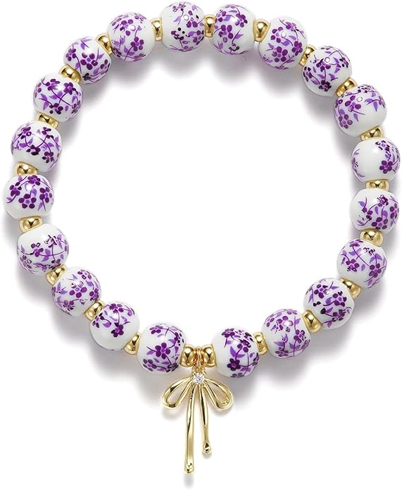 Beads Bow Charm Bracelet for Women Flower Vintage Bracelet Handmade Stretch Beaded Dainty Romantic Jewelry Gifts