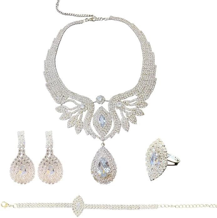 Women's Four-Piece Jewelry Set Rhinestone Silver-Plated Wedding Party Necklace, Earrings, Ring, and Bracelet Set Perfect for Daily Wear, Weddings, Parties, or Gifts