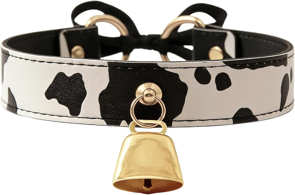 Bell Collar Necklace for Women, Cow Print PU Leather Choker with Flat Ribbon Tie, Anime Cow Cosplay Jewelry Gifts