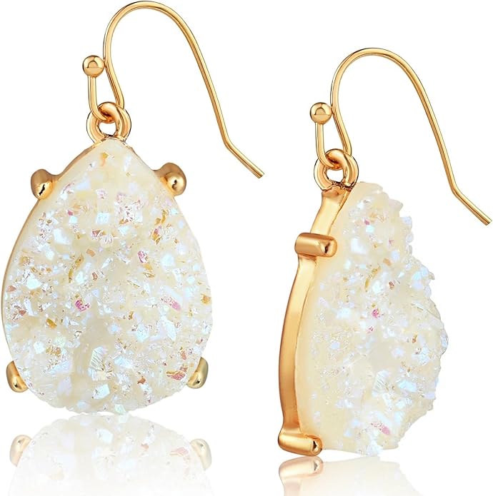 Teardrop Dangle Earrings for Women with Simulated Druzy Stones in Gold or Silver Tone