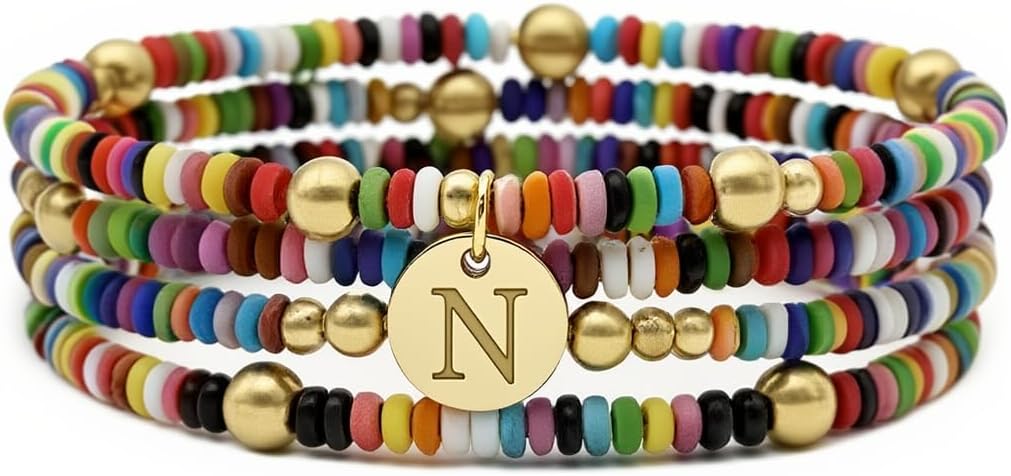 Set of 4 Colorful Bead Initial Bracelets, Personalized Stackable Jewelry, Adjustable Stretchy Charm Bracelets for Women, Beaded Bracelet Set, Trendy Custom Jewelry Gift