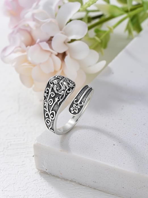 Midari Sun and Moon/Bee/Celtic/Life of Tree/Lotus Spoon Ring for Women 925 Sterling Silver Adjustable Ring Open Ring for Women Men Halloween Birthday Gift