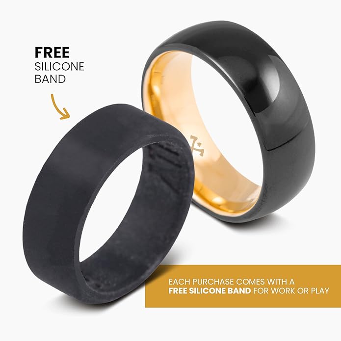 Manly Bands: Mens Black Plated Tungsten and Black Zirconium Wedding Bands and Rings - Comfort Fit and Stylish Black Rings for Men, Free Silicone Ring Included