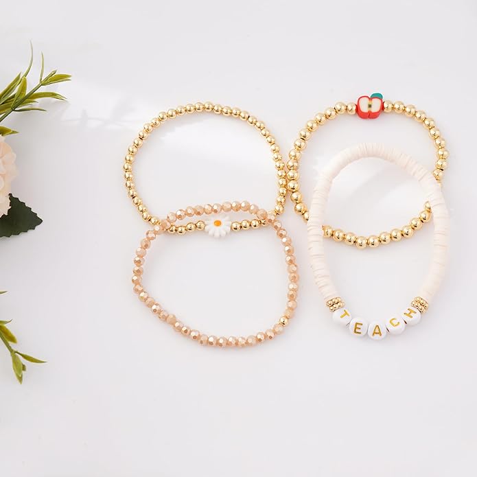 GOOJIDS Surfer Heishi Clay Bead Bracelets for Women Bohemian Stackable Gold Plated Beaded Stretch Bracelets Elastic Layering Friendship Bracelets Set Boho Jewelry