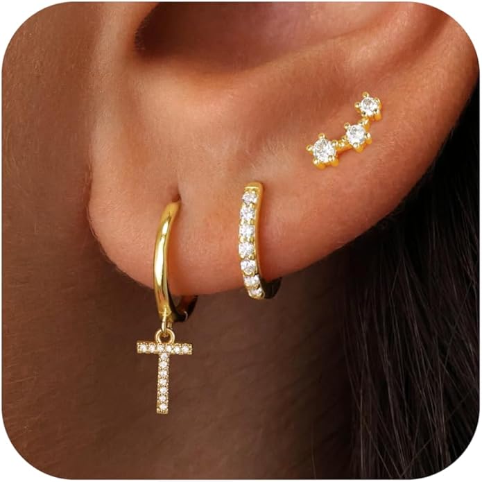 Valentines Day Gifts for Kids Girls - 3 Pairs Gold Earrings for Women Huggie Hoop Earrings for Girls with Initial Dangle Cartilage Earring Studs Hypoallergenic Earring Set for Multiple Piercing