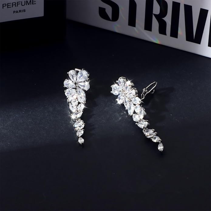 Clip on Earrings for Women 925 Sterling Silver Plated Cubic Zirconia Long Tassel Dangle Drop Earrings Non Pierced Earrings for Women Jewelry Gifts Wedding Party