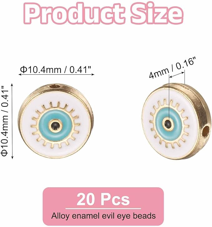 MECCANIXITY 20 Pcs Flat Round Evil Eye Beads Colorful Flat Loose Spacer Evil Eye Charms for DIY Bracelet Earrings Necklace Crafts Jewelry Making, White