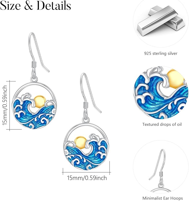 Wave Earrings Women 925 Sterling Silver Ocean Wave Dangling Earrings Sunrise Earring Ocean Jewelry Beach Gifts for Women