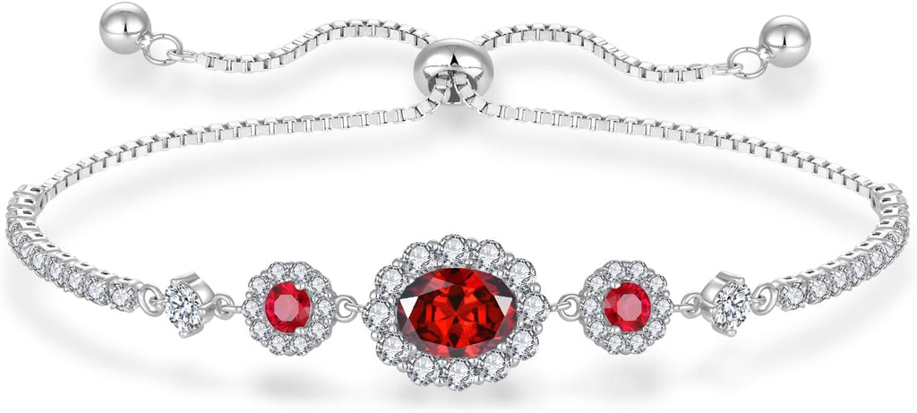 925 Sterling Silver Birthstone Bracelets for Women, Adjustable Halo Cubic Zirconia CZ Bracelet Anniversary Birthday Jewerly for Mom Wife