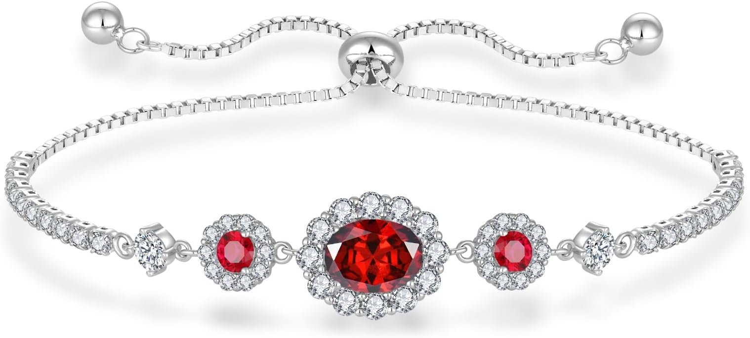 925 Sterling Silver Birthstone Bracelets for Women, Adjustable Halo Cubic Zirconia CZ Bracelet Anniversary Birthday Jewerly for Mom Wife