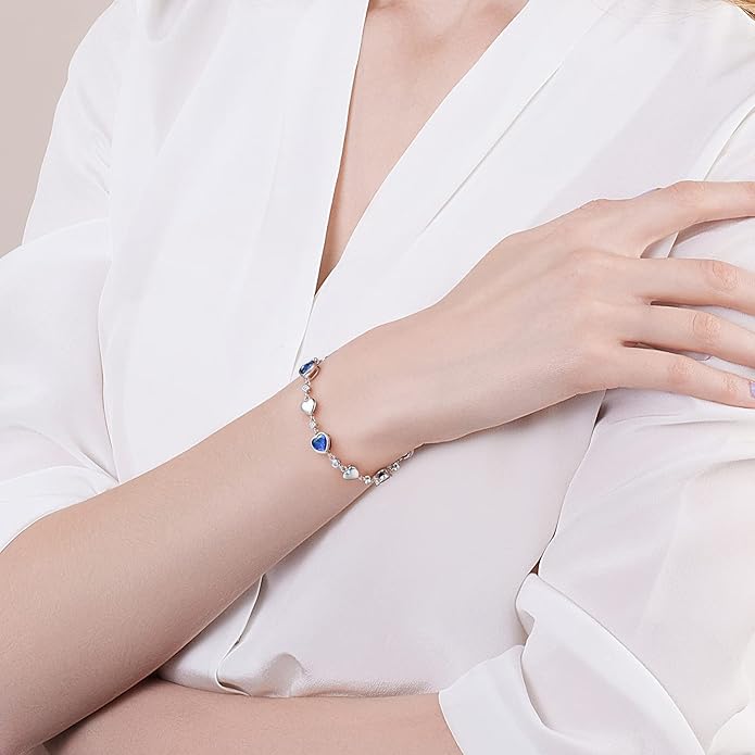 Carleen Birthstone Bracelets for Women 925 Sterling Silver Five Heart Station Created Gemstone Tennis Bracelet Jewelry Anniversary Birthday for Wife, 7"+1.2" Extender