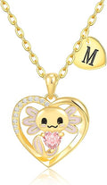 C-leen Axolotl Valentines Day Gifts for Her, 14K Gold Plated Axolotl Initial Necklace Cute Heart Initial Pendant Necklaces Birthday Valentines Day Gifts for Kids Girls Women