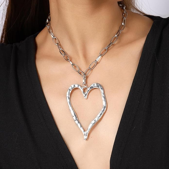 Chunky Gold Heart Necklace for Women,Y2K Big Heart Statement Necklace Long Puffy Hearts Chain Charm Necklaces Trendy Jewerly