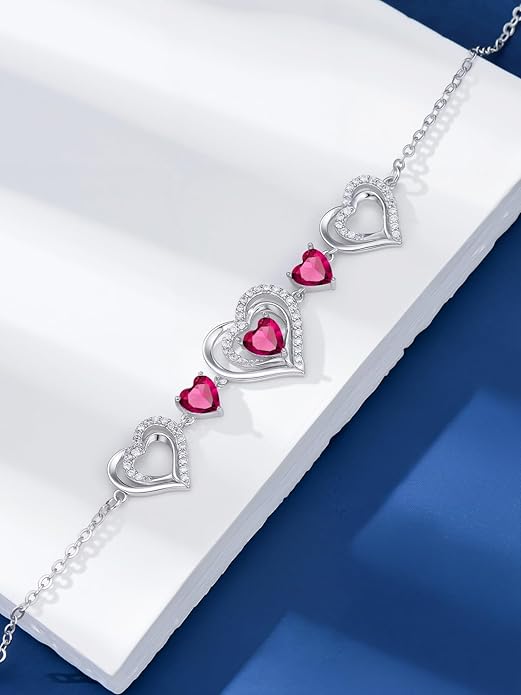 Birthstone Charm Link Bracelet 925 Sterling Silver Rose/Heart/Mom Bracelet with 12 Months Birthstone Mother's Day Gift Jewelry Gifts for Women,Chain Length 7"+2" Extend