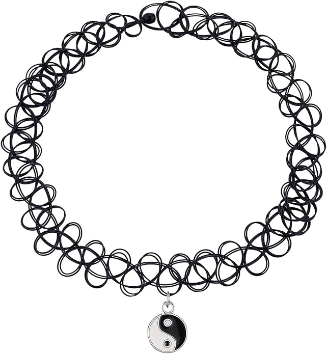 BodyJ4You 2PC Tattoo Choker Necklace - 90s Choker Necklace Women - 2000s Y2K Black Chokers Rainbow Choker - Butterfly Ying Yang Unicorn Rainbow Charms - Stretchy Elastic Necklace
