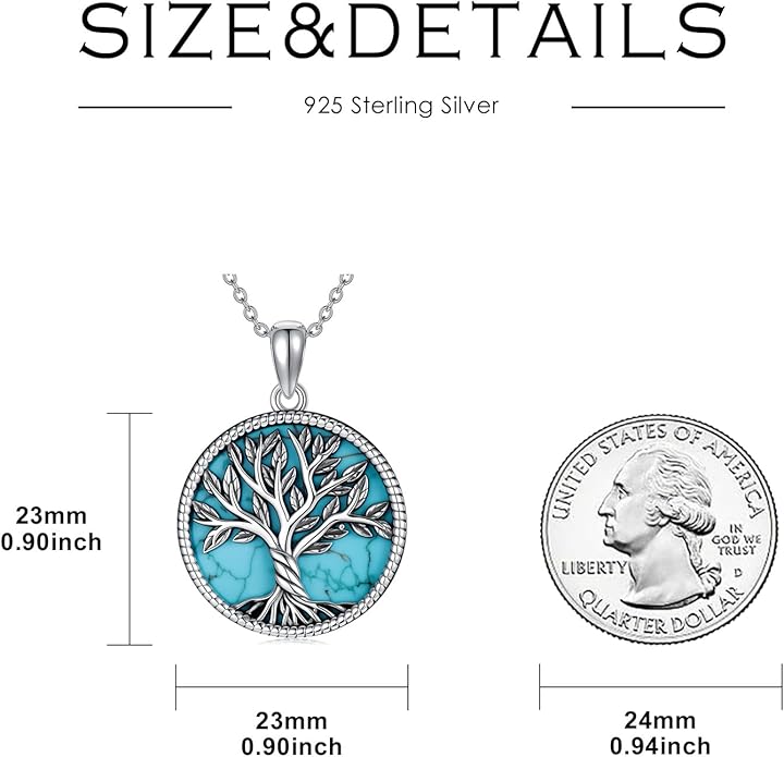 Genuine Turquoise Tree of Life Necklace Sterling Silver Boho Natural Gemstone Necklace for Women