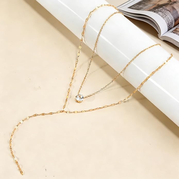 Necklace for Women, Dainty Long 14K Gold Y-Shaped Necklace Jewelry Trendy Beaded Layered Chain Drop Necklaces Jewelry Women Gifts