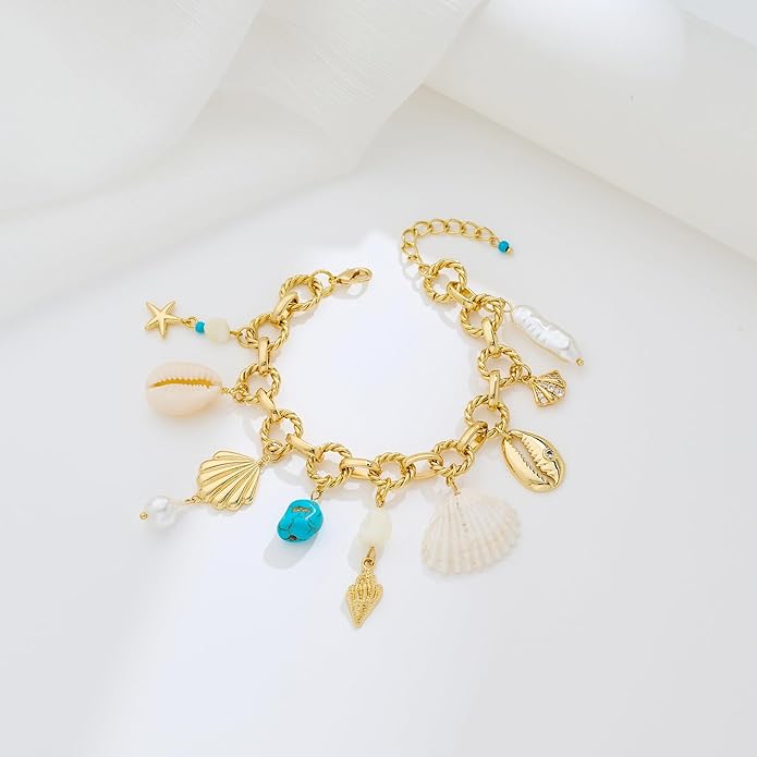 Gold Charm Bracelet for Women Boho Adjustable Shell Starfish Bracelet Summer Beach Ocean Statement Bracelets