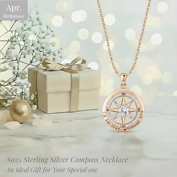 Compass Necklace for Women Wife Girlfriend Mom Daughter Gifts S925 Sterling Silver Jewelry For Anniversary Rose Gold Gifts For Birthday Christmas Mothers Valentines Day 12 Birthstones