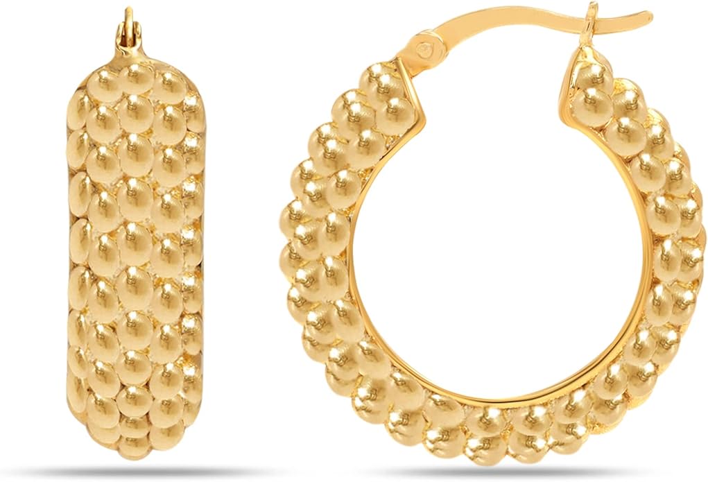 LeCalla 925 Sterling Silver Bali-Style Hoop Earrings Lightweight Click-Top Antique Two-Tone Beaded Italian Bali Style Earring Hoops for Women